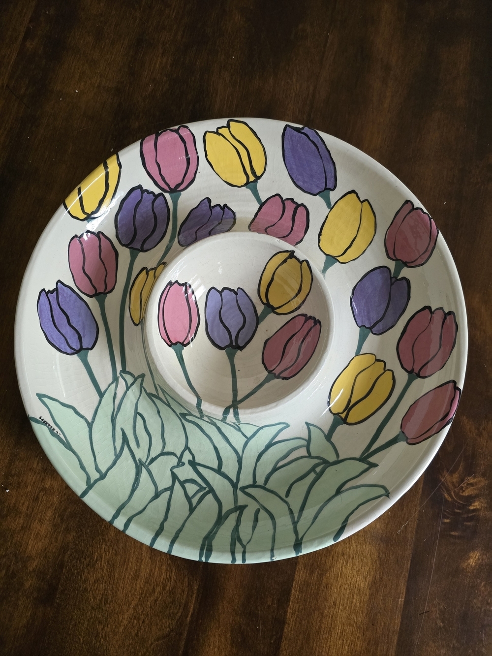 Hand-Painted Tulip Ceramic Chip & Dip Platter in Pink, Yellow & Purple
